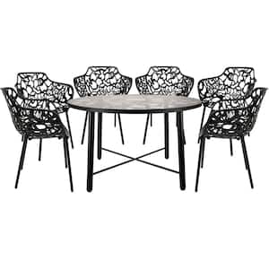 7-Piece Aluminum Outdoor Patio Dining Set with Glass Top Table and 6-Stackable Armchairs (Black) Devon