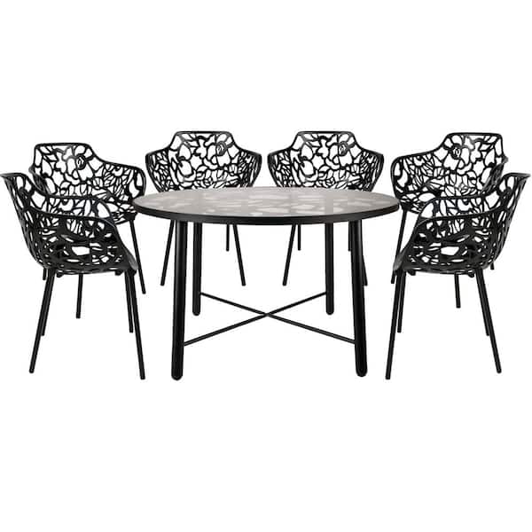 Leisuremod 7-Piece Aluminum Outdoor Patio Dining Set with Glass Top Table and 6-Stackable Armchairs (Black) Devon