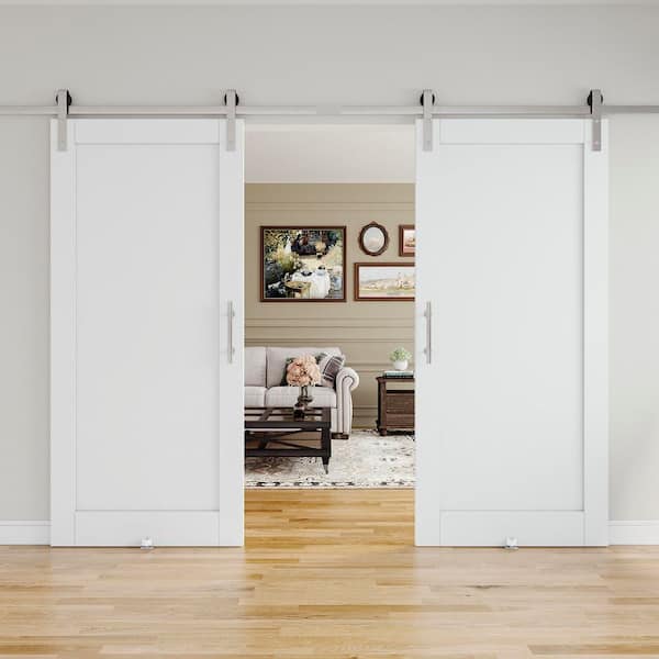 72 in. x 80 in. White 1-Panel Blank Solid Core Composite MDF Primed Sliding Barn Door with Hardware Kit Nickel Plated