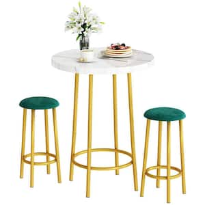 Modern Style 3-Pieces Round White Faux Marble Wooden Top Bar Table Set with 2-Green Fabric Upholstered Stools for 2