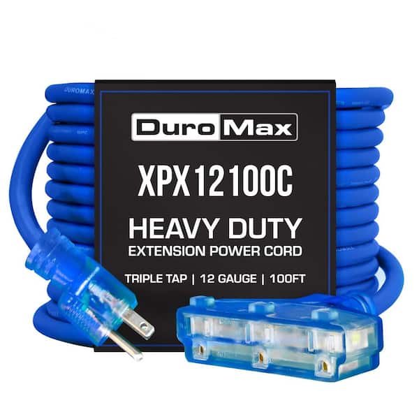 DUROMAX 100 Ft 12/3 SJEOOW 15 Amp 120-Volt 1875-Watt Indoor/Outdoor -58° F - 221° F Triple Tap Blue Lighted Extension Power Cord