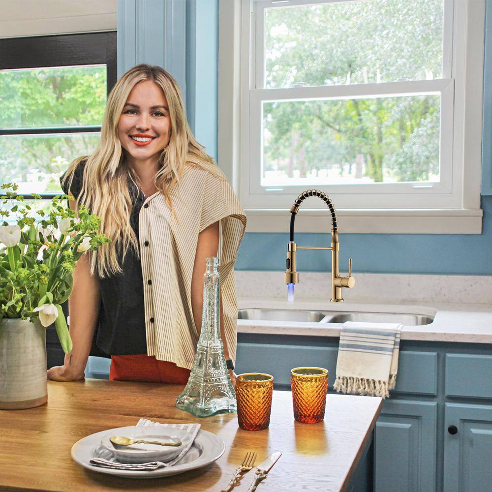Brushed Gold Single Handle Pull Down Kitchen Faucet with LED Light