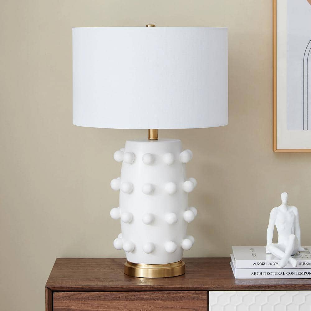 Matte White Ceramic Nightstand Lamp with Fabric Shade