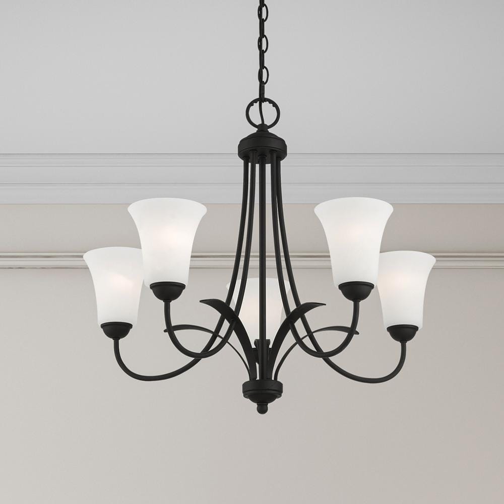 Elegant Transitional 5-Light Chandelier in Black with Satin Opal White Glass