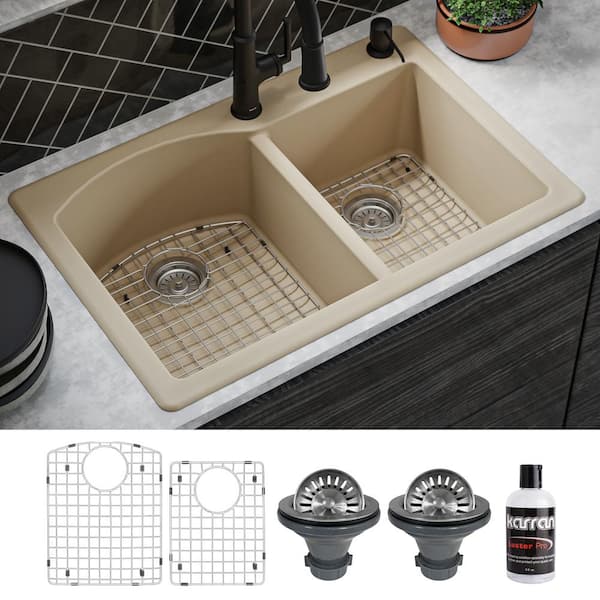 QT-610 Quartz/Granite 33 in. Double Bowl 60/40 Top Mount Drop-In Kitchen Sink in Bisque with Bottom Grid and Strainer