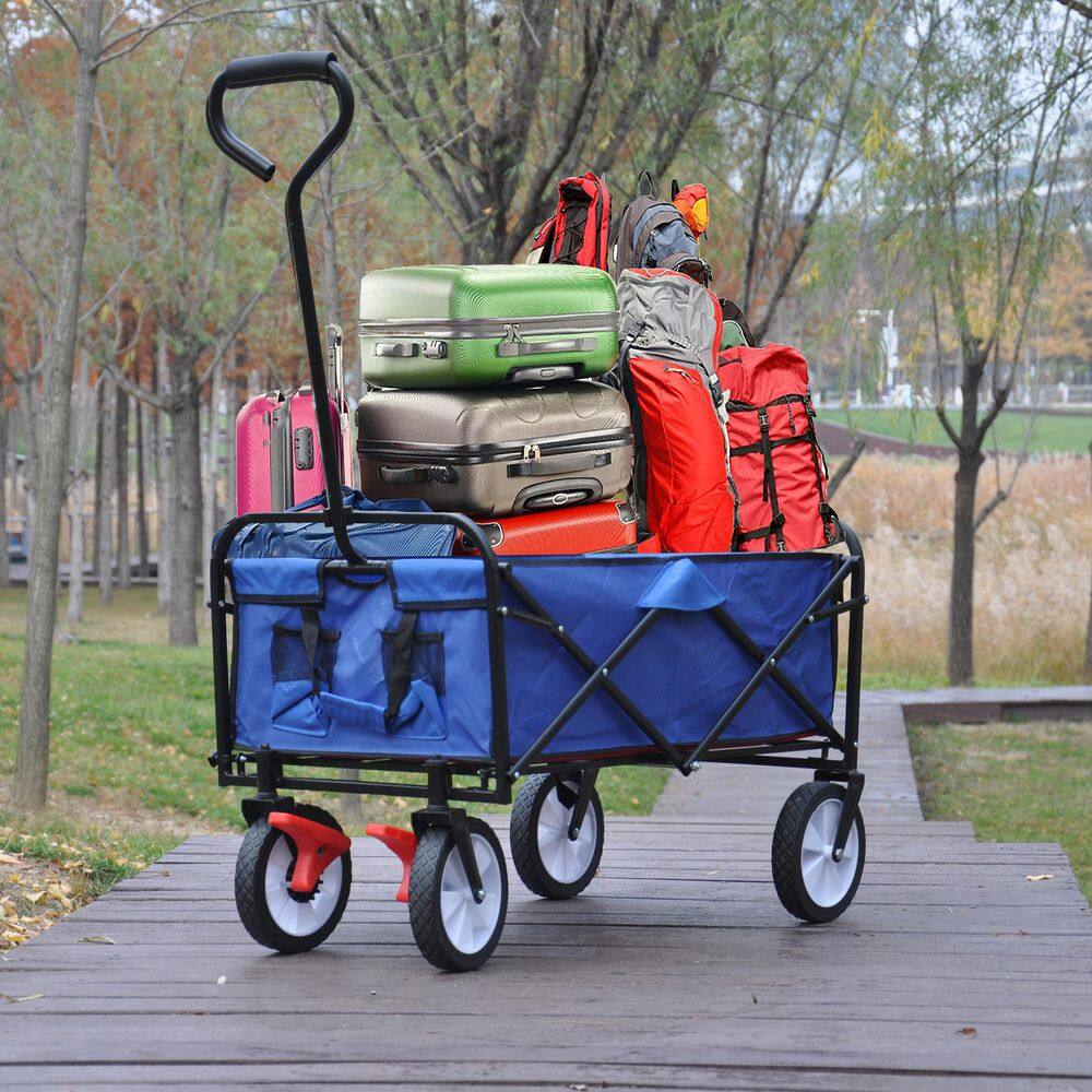 Blue Fabric Folding Wagon with Metal Handle and Flat-Free Tires