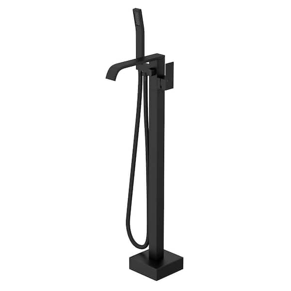 Single-Handle Free Standing Tub Faucet Floor Mount Tub Filler with Hand Shower in Matte Black