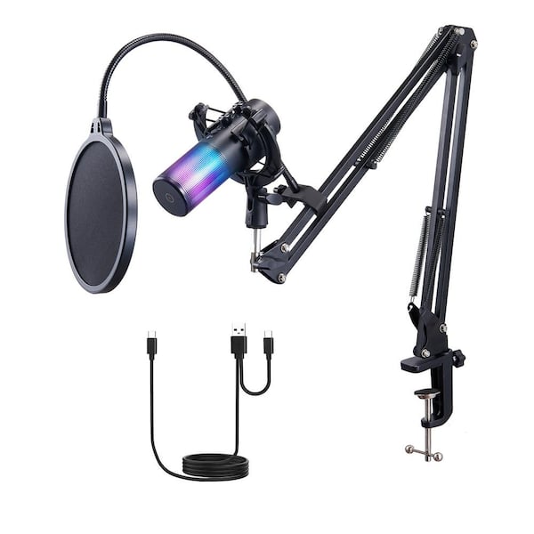 USB Microphone, 192 kHz/24-bit Condenser Kit with Boom Arm, Pop Filter, Shock Mount, RGB Lighting, Mute Button
