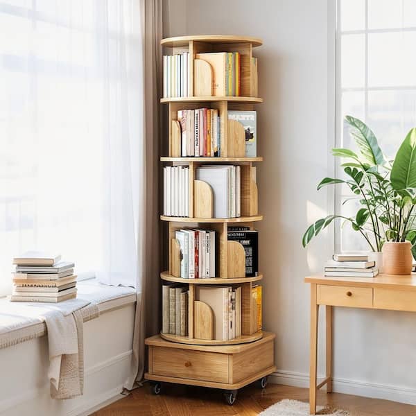 Ronald 360° Rotating 68.11 in. Tall Natural MDF 6-Shelf Corner Bookcase with Wheels and Drawer