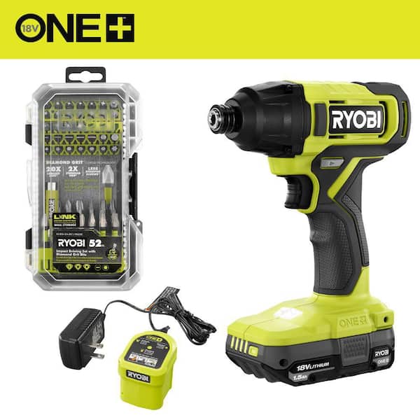 RYOBI ONE+ 18V Cordless 1/4 in. Impact Driver Kit with 1.5 Ah Battery, Charger, and Diamond Grit Driving Set (52-Piece)