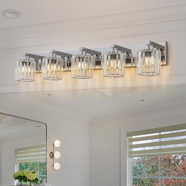 Orillia 35 in. 5-Light Vanity Light with Cylinder Crystal Shade Modern Wall Sconce for Bathroom Polished Chrome