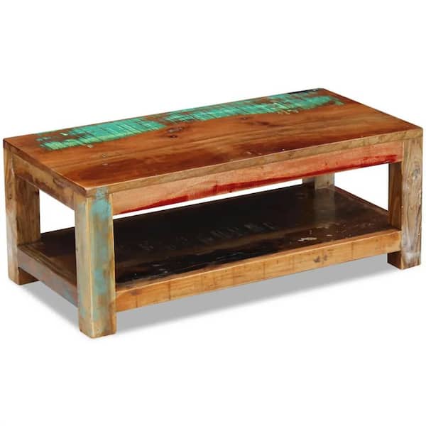 Dracelo SMT 35.4 in. Brown Rectangle Solid Reclaimed Wood Coffee Table with 1-Open Shelves