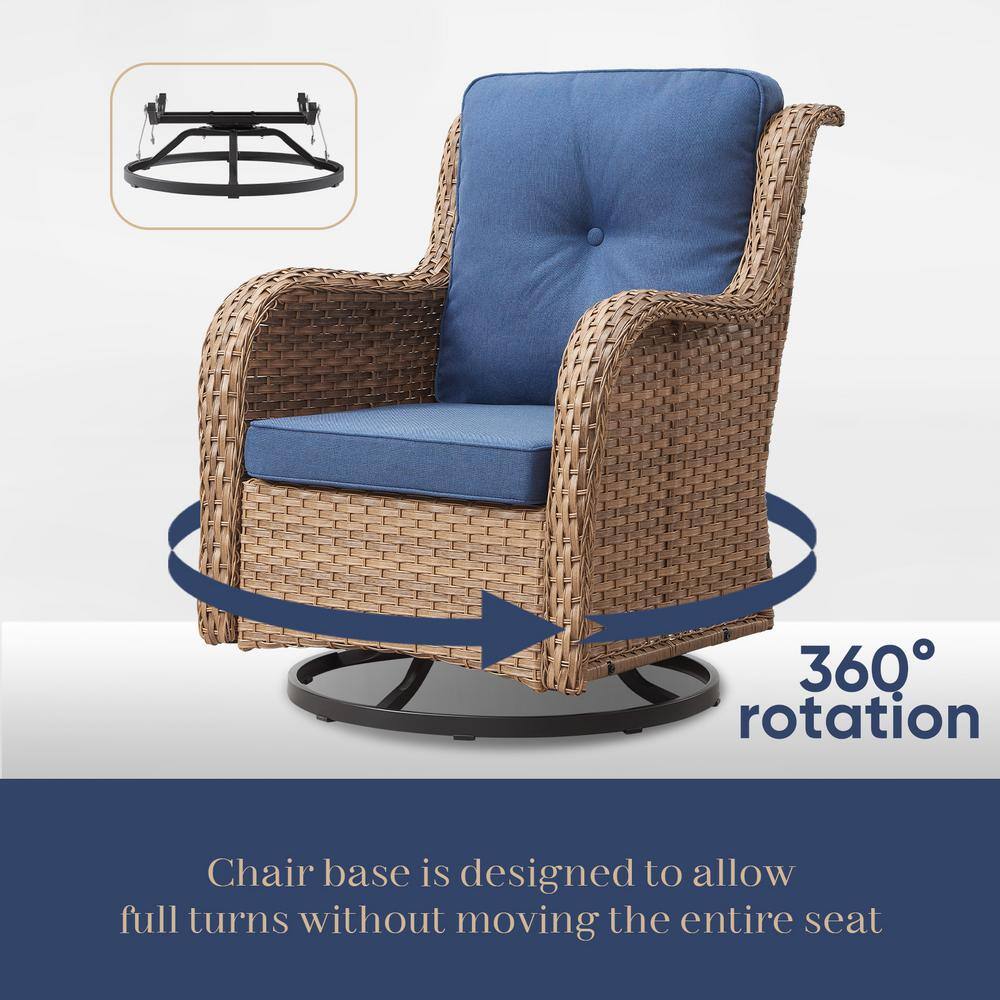 Yellow Wicker Outdoor Rocking Chair with Blue Cushions