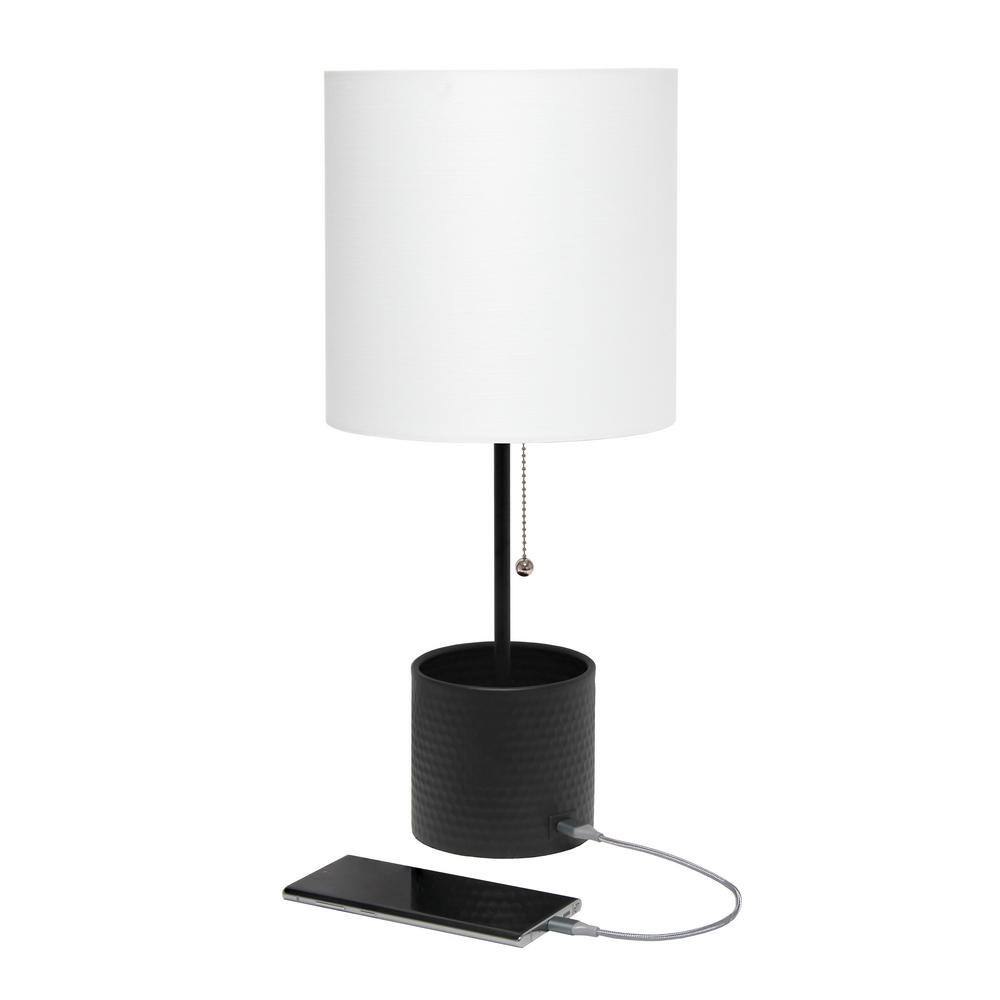 Black Hammered Metal Table Lamp with USB Port and White Shade