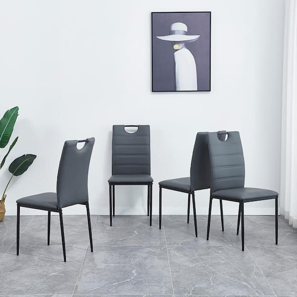 J&E Home Light Gray PU Leather High Back Dining Chairs with Painted Metal Legs and Cushion Set of 4