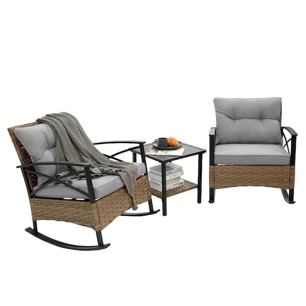 myhomore Rocking Rattan Set Black Metal Outdoor Rocking Chair Set with Grey Cushions
