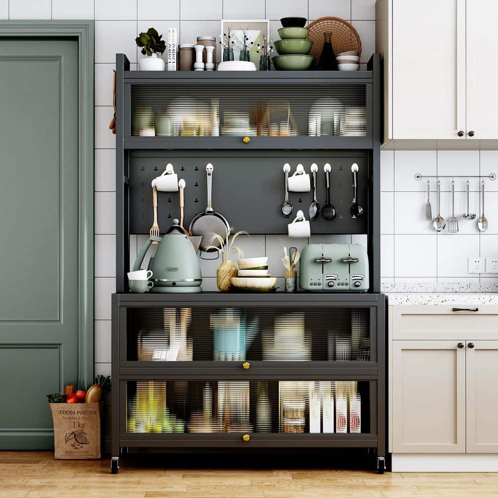 39 in. W Grey Metal Kitchen Pantry Organizers Cabinet with Lockable Wheels,