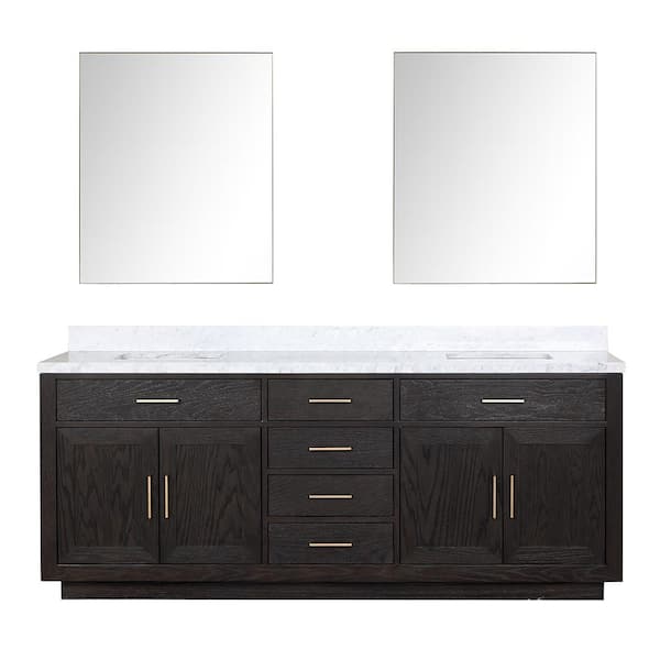 Condor 84 in W x 22 in D Black Oak Double Bath Vanity, Carrara Marble Top, and 36 in Mirrors