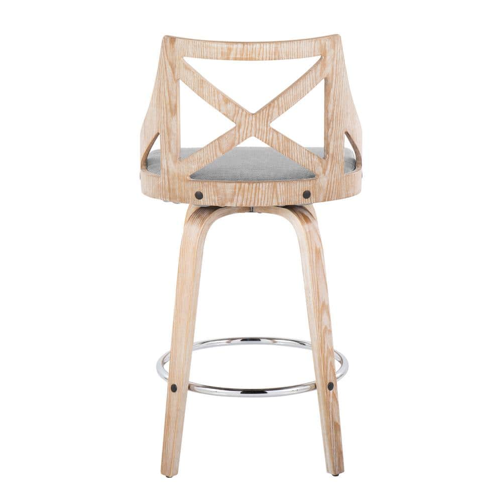 Charlotte 26" Light Grey Fabric and White Washed Wood Swivel Counter Stools