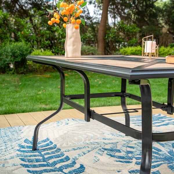 PHI VILLA Black Geometric Rectangle Metal Patio Outdoor Dining Table with 1.57 in. Umbrella Hole and Wood Look Tabletop HDE104 The Home Depot