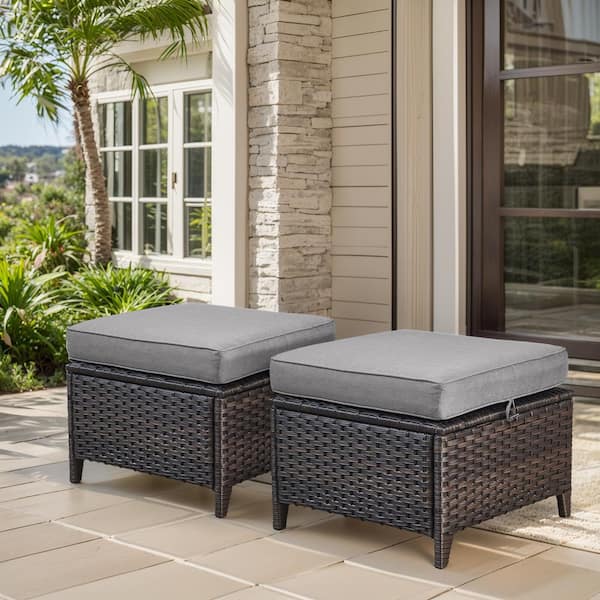 moosprr Brown Wicker Outdoor Ottoman with Gray Cushions (2-Pack)