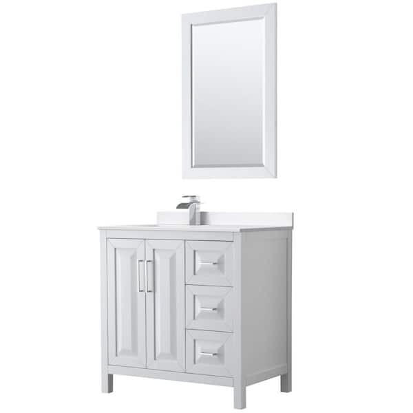 Wyndham Collection Daria 36 in. W x 22 in. D x 35.75 in. H Single Bath Vanity in White with White Cultured Marble Top and 24 in. Mirror