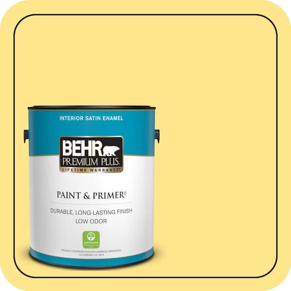 BEHR PREMIUM PLUS 1 gal. #370A-3 Bicycle Yellow Satin Enamel Low Odor Interior Paint & Primer