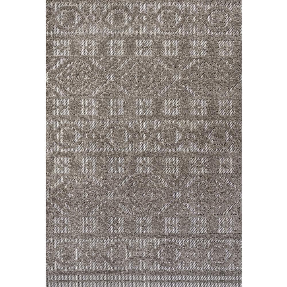 Dark Gray and Ivory Geometric Synthetic Indoor/Outdoor Area Rug