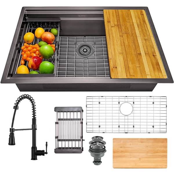 AKDY All-in-One Matte Black Finished Stainless Steel 32 in. x 18 in. Undermount Kitchen Sink with Spring Neck Faucet