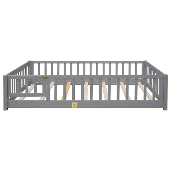 wetiny Gray Wood Frame Full Platform Bed with Fence and Door for kids, toddlers