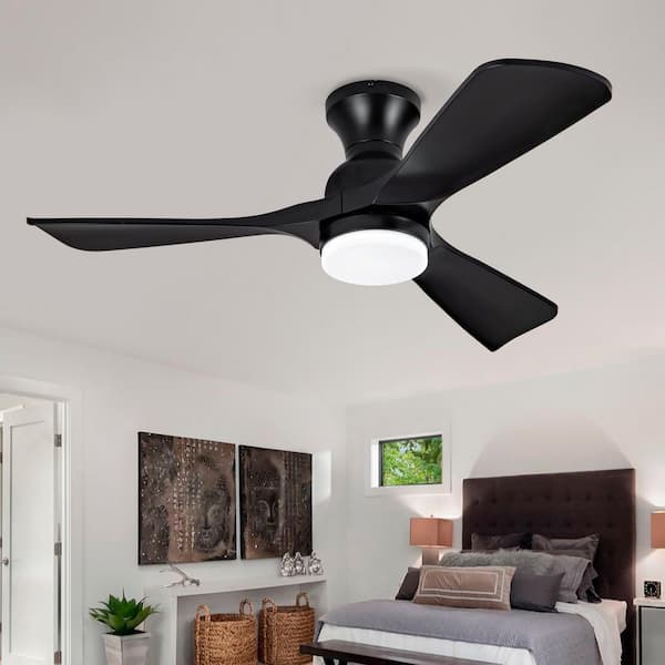42 in. Smart Black 6-Speed Black Blades 2-Size Flush Mount Standard Ceiling Fan with 3-Color Dimmable LED Light