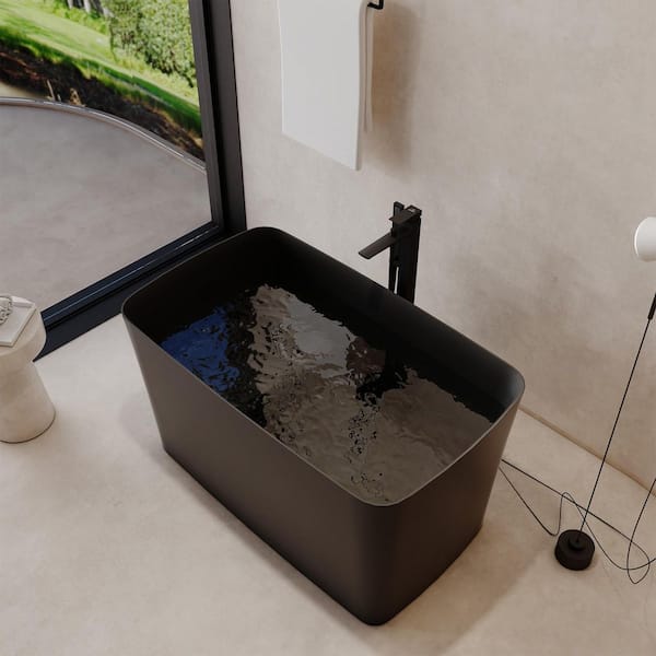 47 in. x 27.6 in. Freestanding Stone Resin Solid Surface Rectangular Soaking Bathtub in Matte Black with Seat