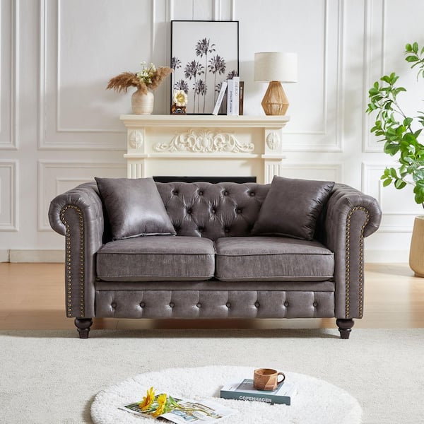 Chesterfield Couch 63.5 in. W Polyester 2-Seats Loveseat with 2-Pillows and Tech Fabric Sofa, Tufted Back in Gray-A