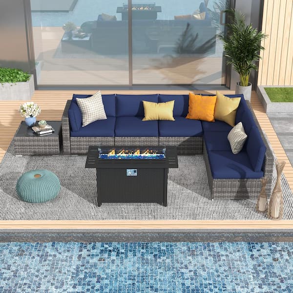 Yangming Gray 7-Piece Wicker Patio Conversation Patio Fire Pit Sectional Seating Set with Navy Blue Cushions