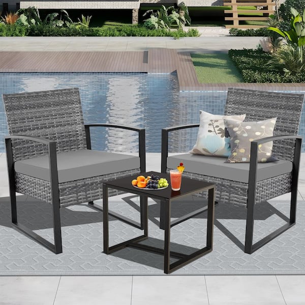 JUSKYS 3-Piece Light Gray Wicker Patio Bistro Conversation Set with Gray Cushions for Porch, Backyard and Garden