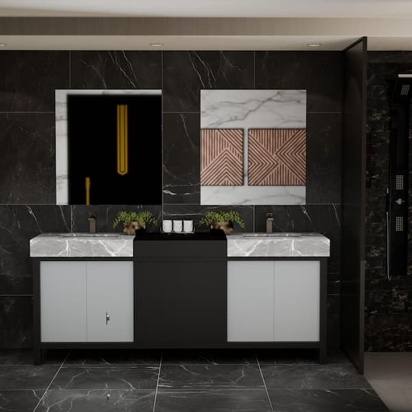 Zilara 80 in x 22 in D Black and Grey Double Bath Vanity, Castle Grey Marble Top and Gun Metal Faucet Set