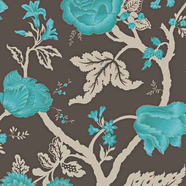 The Wallpaper Company 56 sq. ft. Mocha and Peacock Large Floral Trail Wallpaper