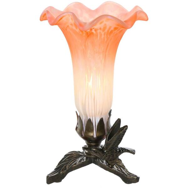 River of Goods 8 in. Peach and White Handpainted Glass Lily Lamp with Hummingbird Base