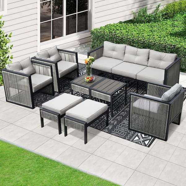 FINCATI 10-Pieces PE Wicker Outdoor Patio Sectional Set with Gray Cushions, Ottomans and Side Tables