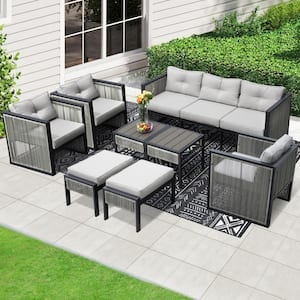 10-Pieces PE Wicker Outdoor Patio Sectional Set with Gray Cushions, Ottomans and Side Tables