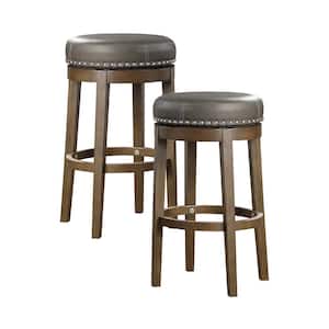 Paran 30 in. Brown Wood Round Swivel Pub Height Stool with Gray Faux Leather Seat (Set of 2)