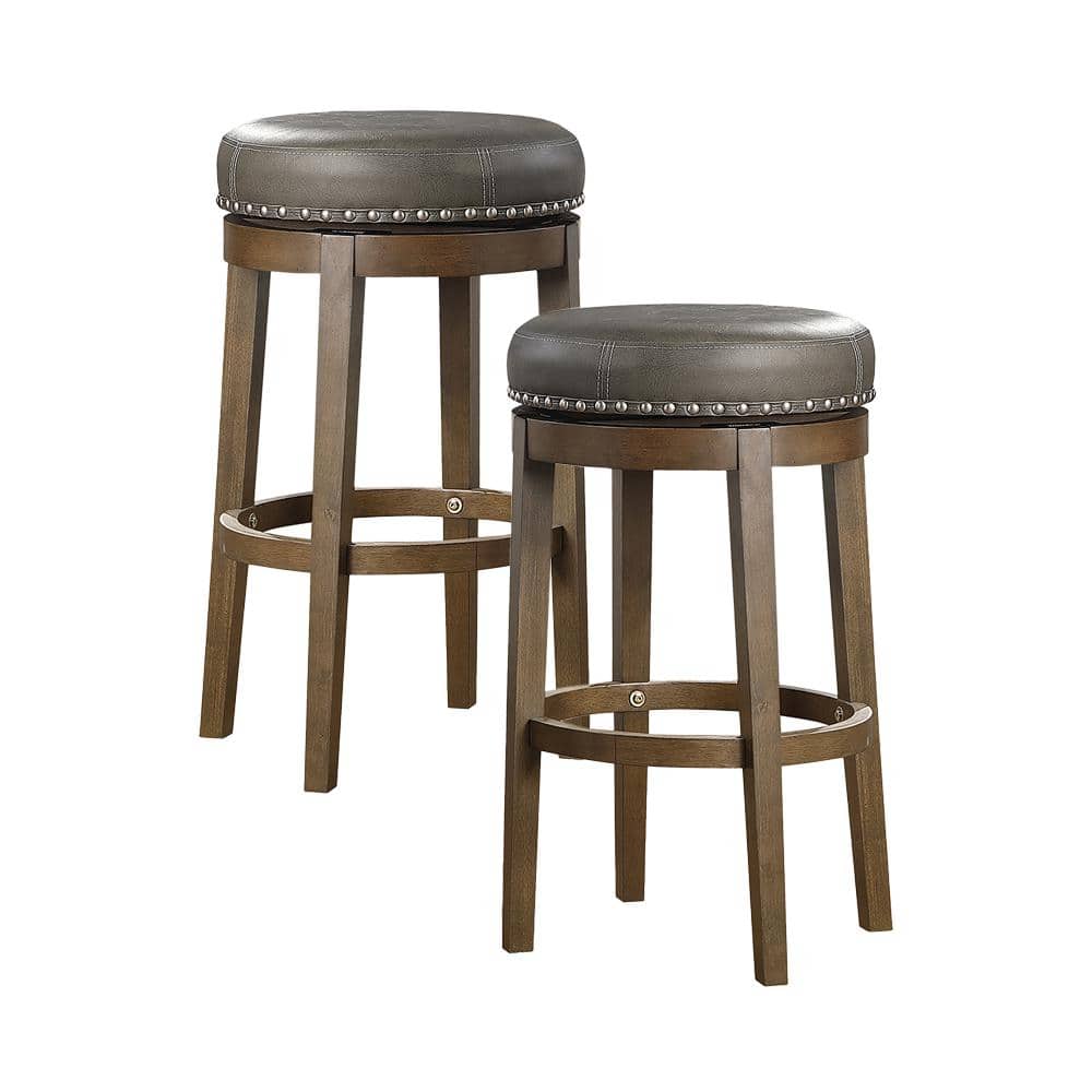 Gray Faux Leather Swivel Pub Stools with Wood Legs, 30.5"