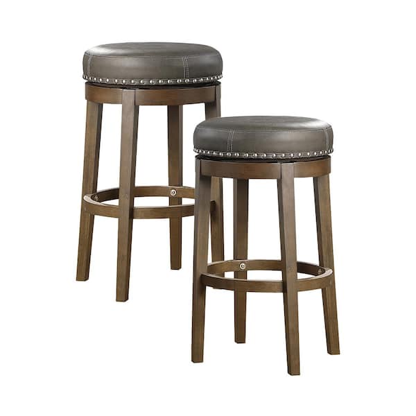Lazzara Paran 30 in. Brown Wood Round Swivel Pub Height Stool with Gray Faux Leather Seat (Set of 2)