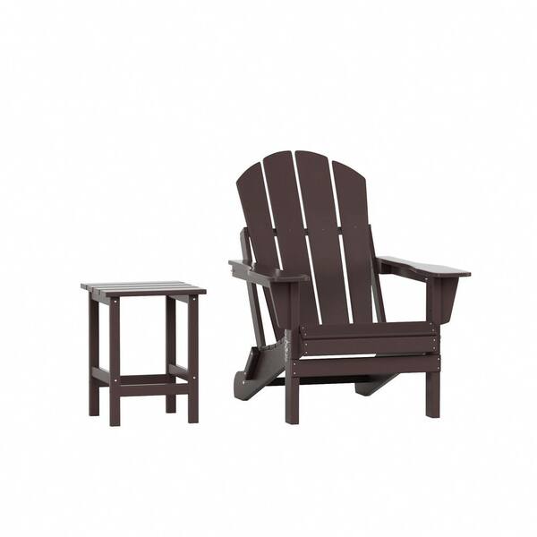 Laguna 2PC Fade Resistant Outdoor Patio HDPE Poly Plastic Classic Folding Adirondack Chair, Side Table Set, Dark Brown