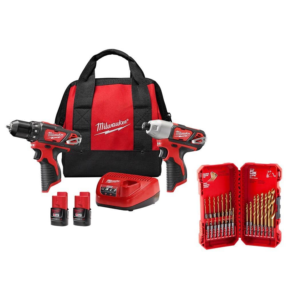 Milwaukee M12 12V Lithium-Ion Cordless Drill Driver/Impact Driver Combo Kit (2-Tool) with Titanium Drill Bit Set (23-Piece)