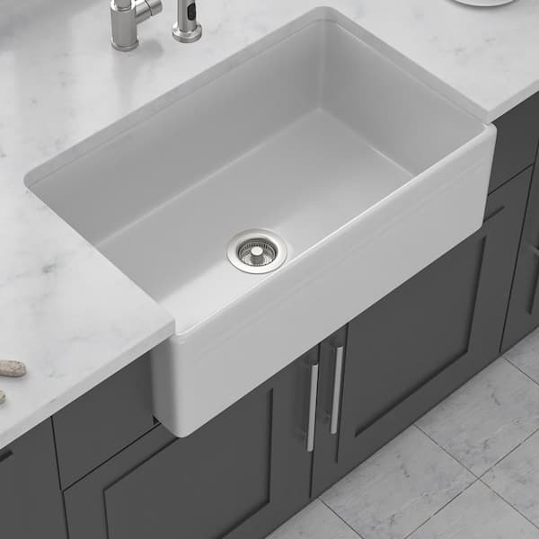 30 in. Farmhouse Single Bowl White Ceramic Kitchen Sink with Bottom Grids