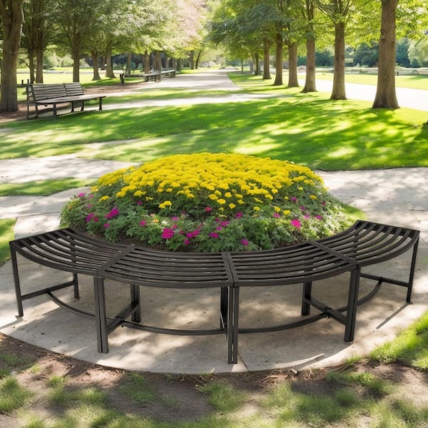 23 in. Arc-Shaped Black Iron Outdoor Ottoman Bench (4-Pack)