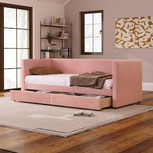 Pink Twin Size Upholstered Wood Daybed with 2-Drawers