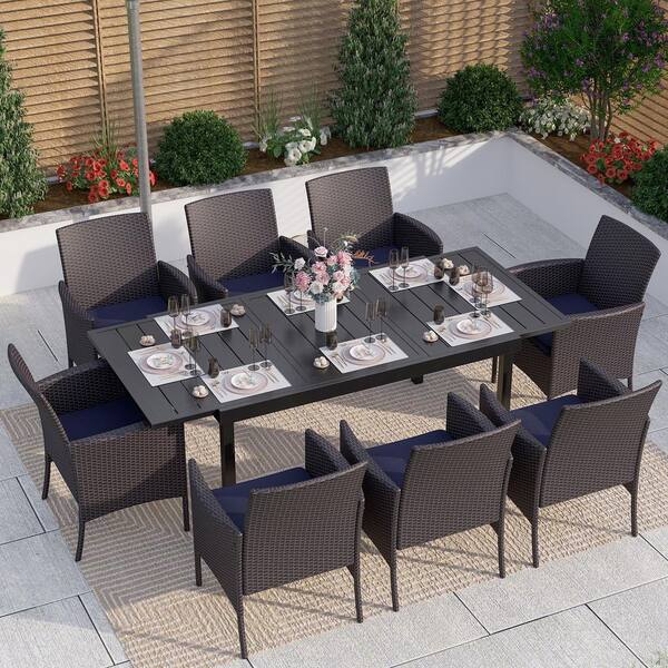 PHI VILLA Black 9Piece Metal Patio Outdoor Dining Set with Extendable Table and Rattan Chairs