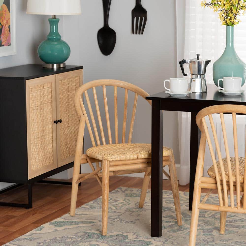 Bohemian Mid-Century Natural Brown Rattan & Cane Side Chair